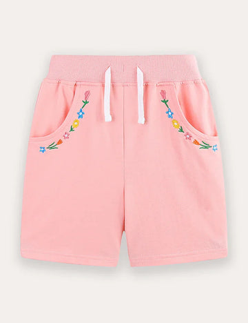 Flower Embroidered Cotton Shorts